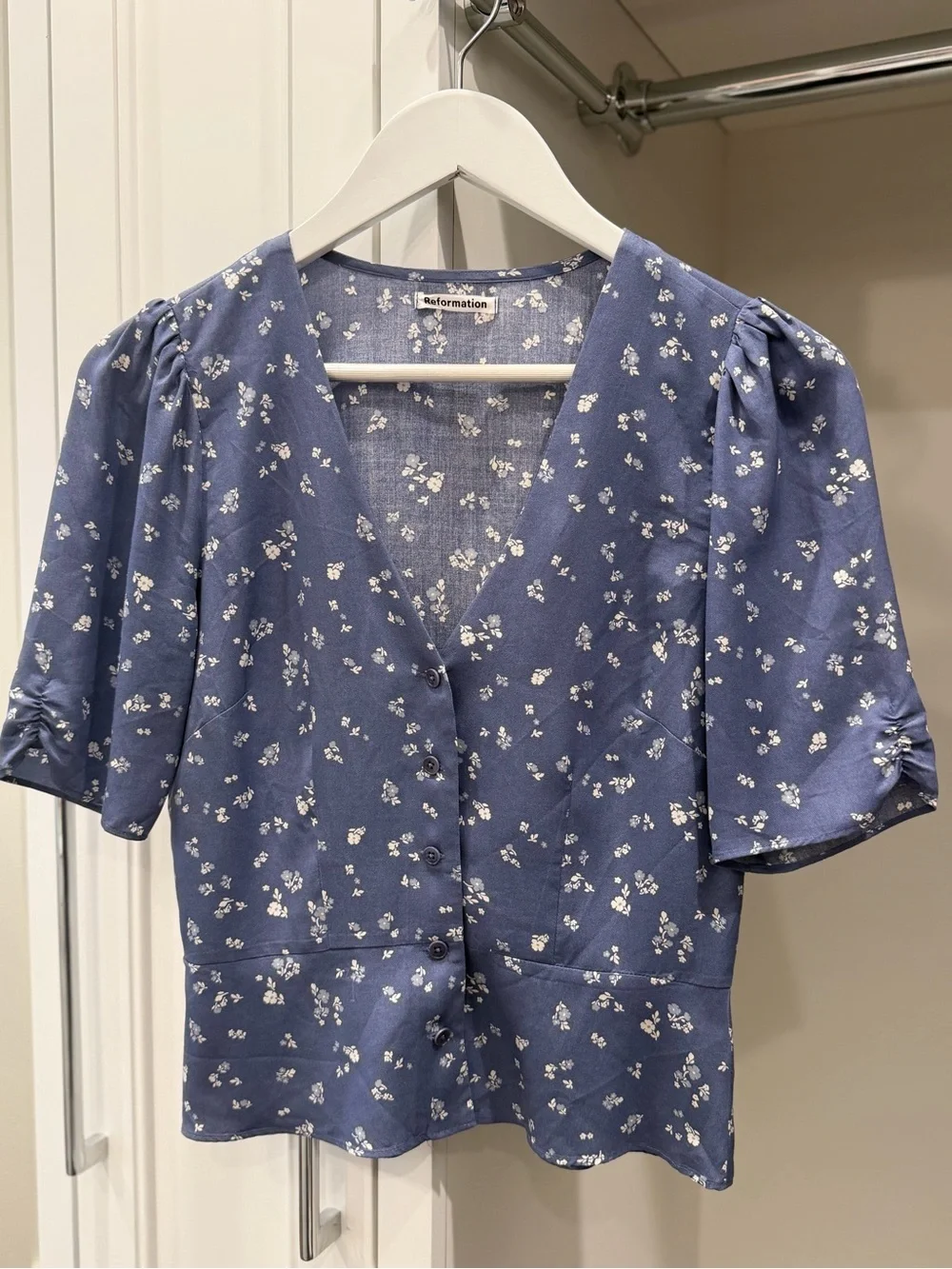 Reformation Periwinkle Blue Floral Button-Front Top